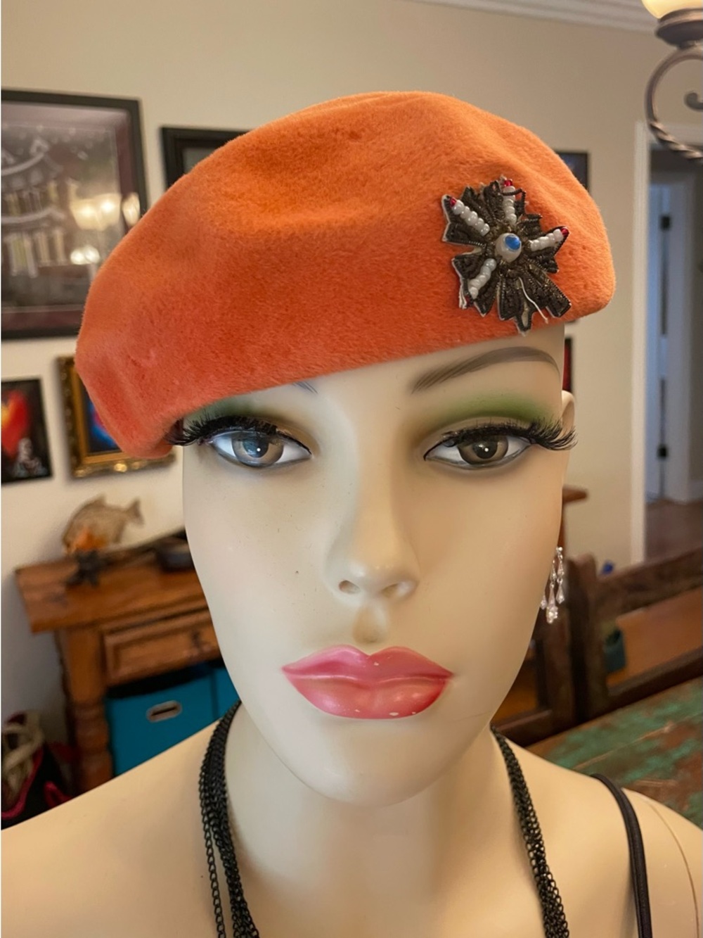 Vintage Gage Original Orange Velour Beaded Hat Beret 1960’s